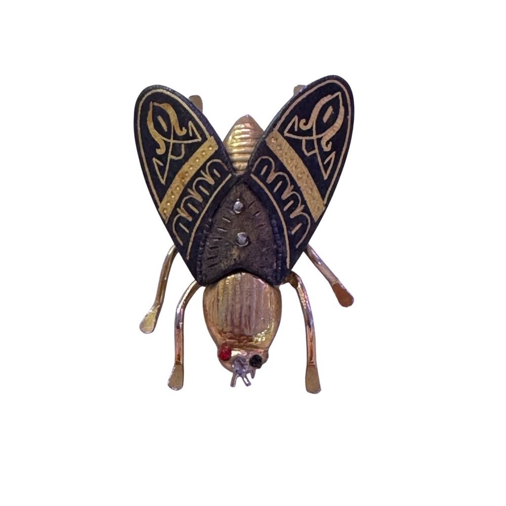 Vtg 70s Insect Brooch/Pin Gold Tone Black Enamel Wings Geometric‎ Pattern Wings